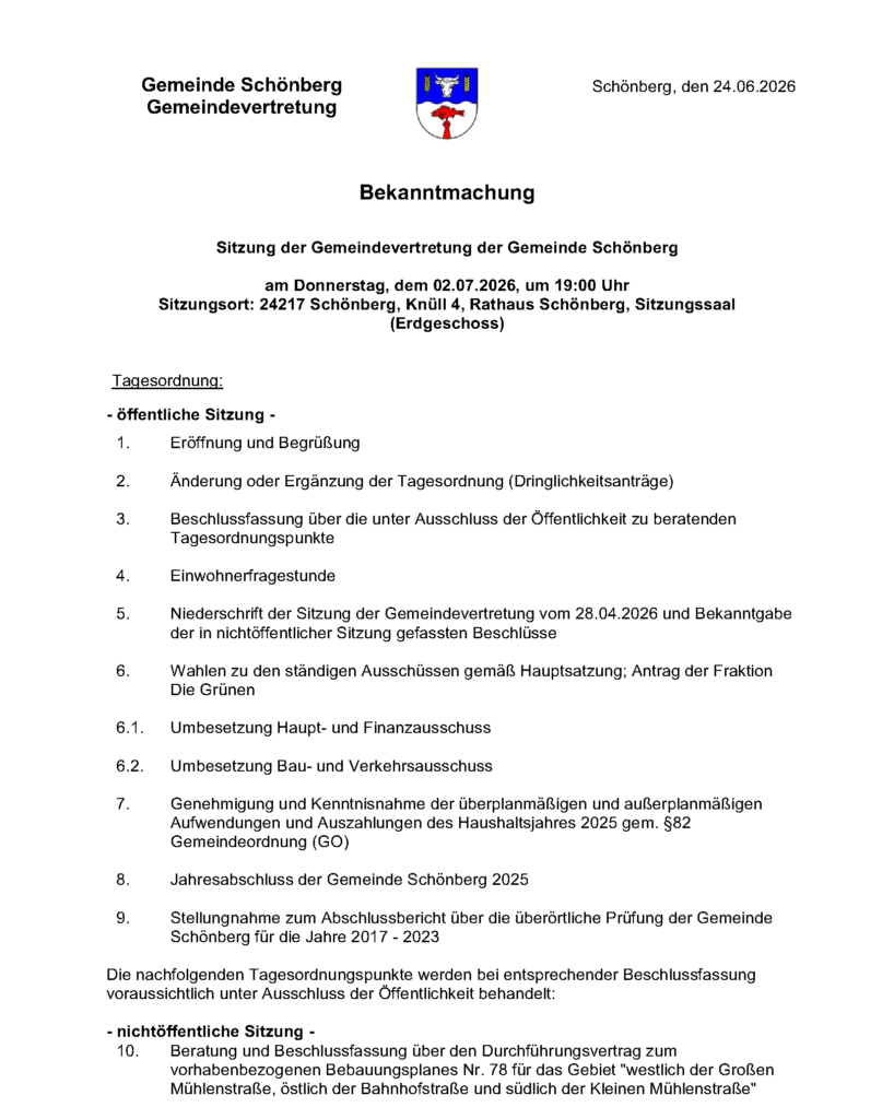 Sitzung Gemeindevertretung 02.07.2026