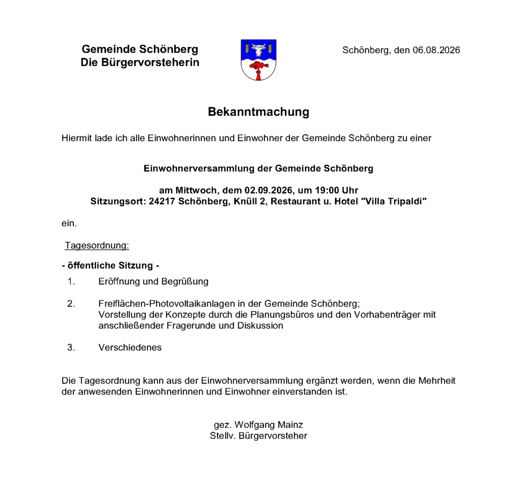 Einwohnerversammlung zu Freiflächen-Photovoltaikanlagen in der Gemeinde Schönberg 02.09.2026