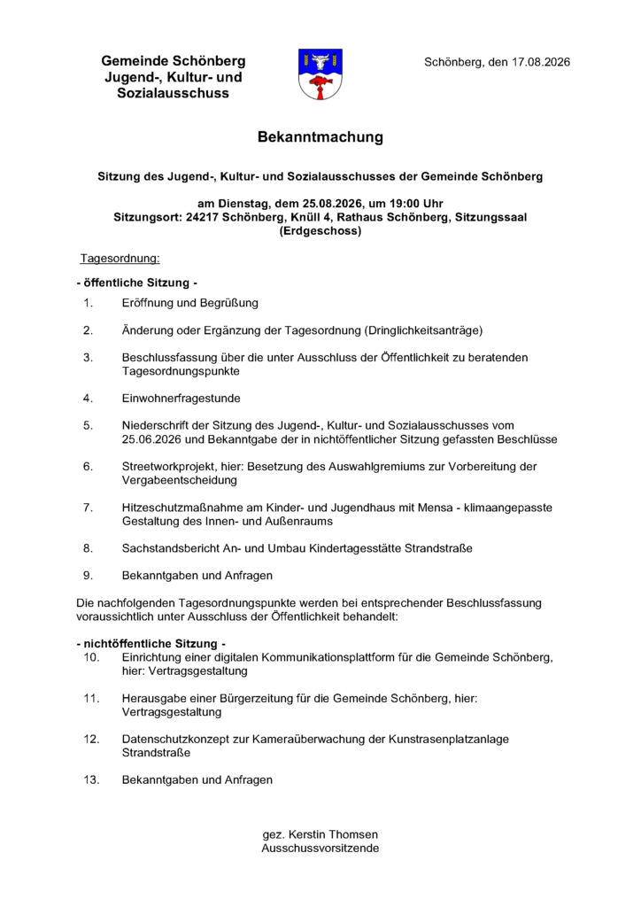 Sitzung Jugend-, Kultur- und Sozialausschuss 25.08.2026