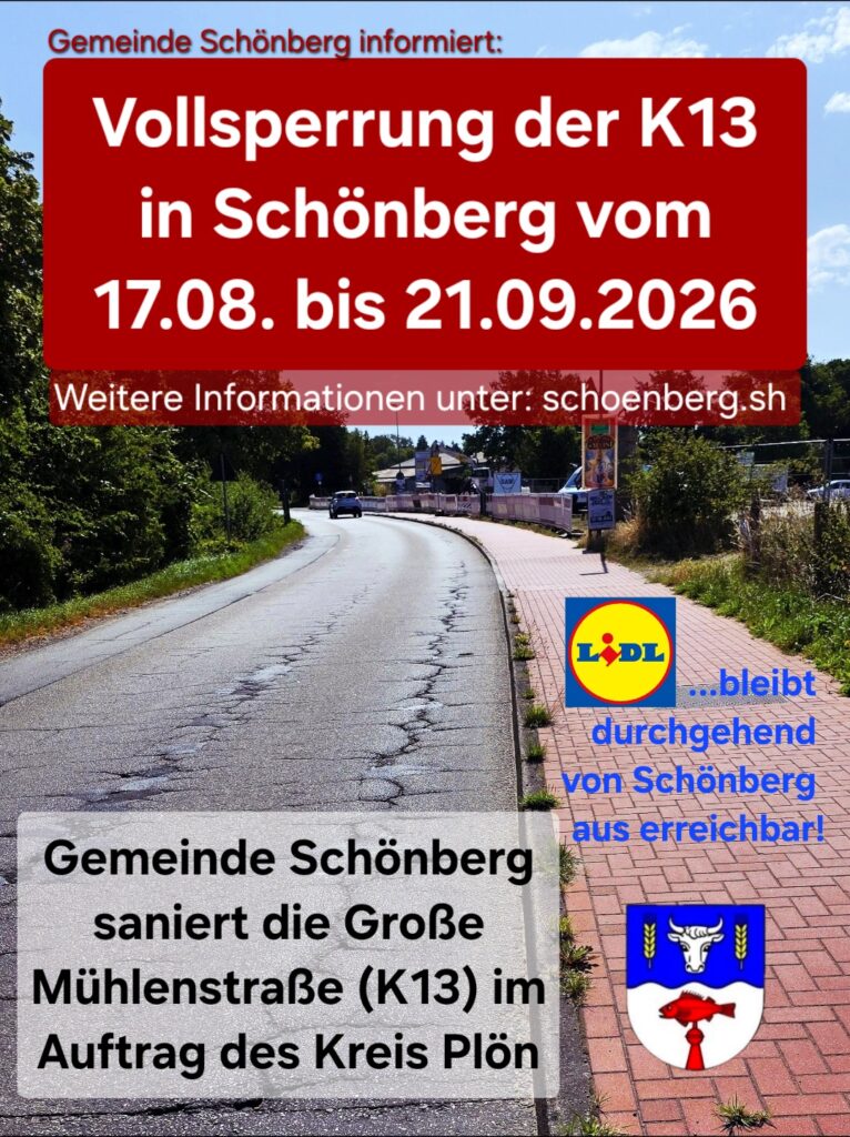 Sanierung der Kreisstraße 13 in Schönberg beginnt am Montag, 17.08. – Vollsperrung der Großen Mühlenstraße, Umleitung ist ausgeschildert