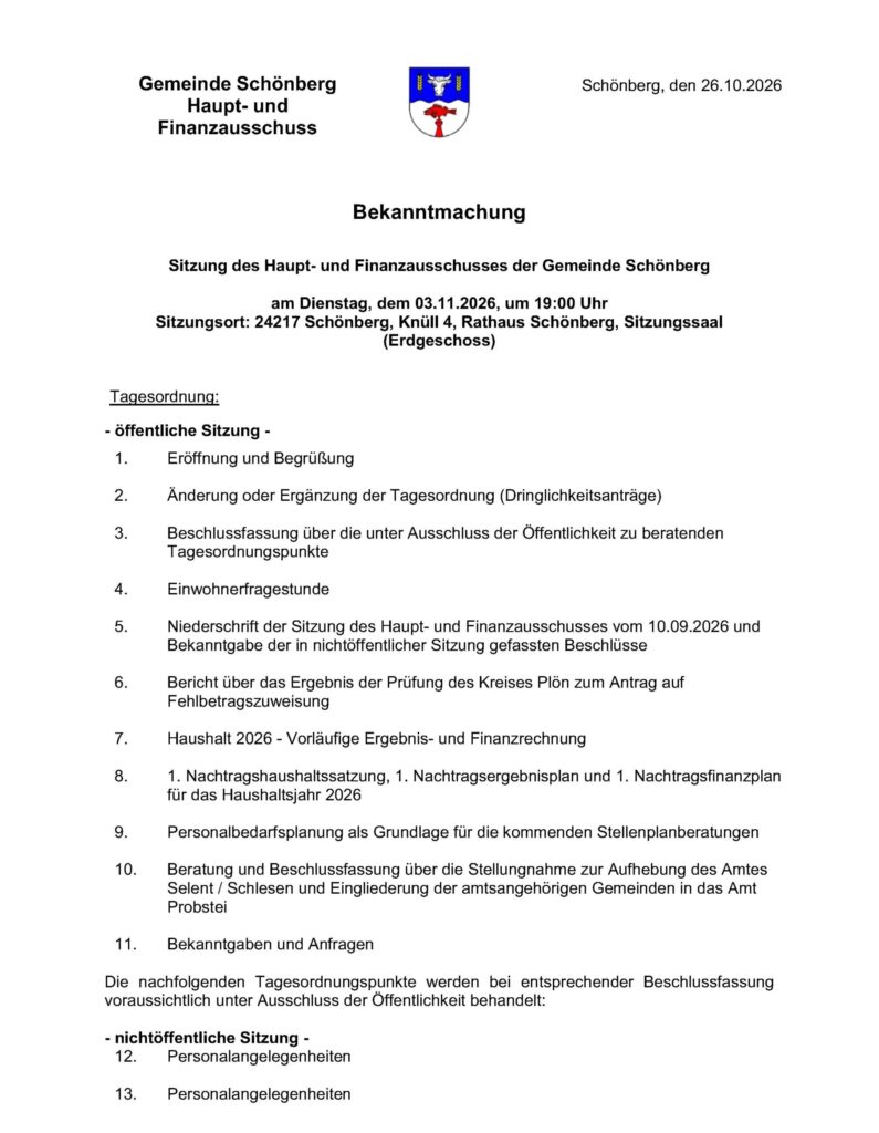 Sitzung Haupt- und Finanzausschuss 03.11.2026