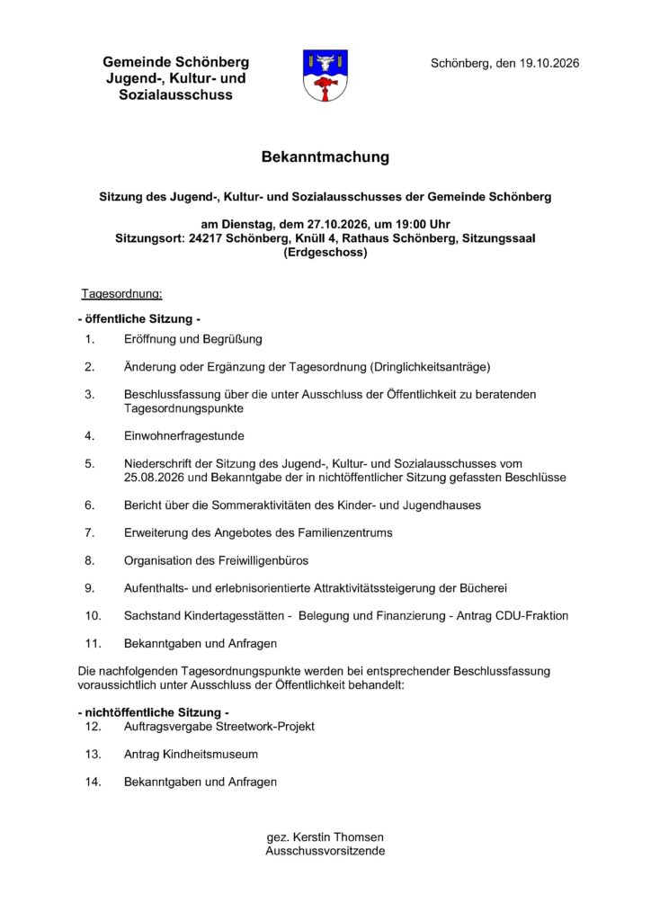 Sitzung Jugend-, Kultur- und Sozialausschuss 27.10.2026